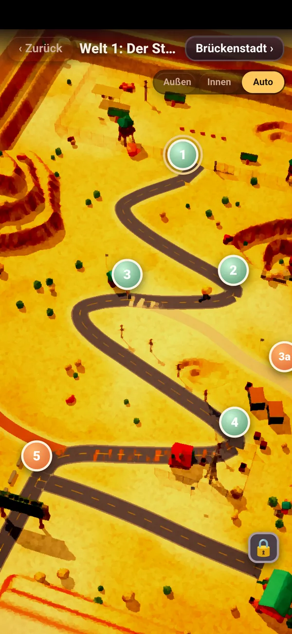 Die Weltkarte von Welt 1 in 3D mit nummerierten Leveln entlang einer kurvigen Straße.