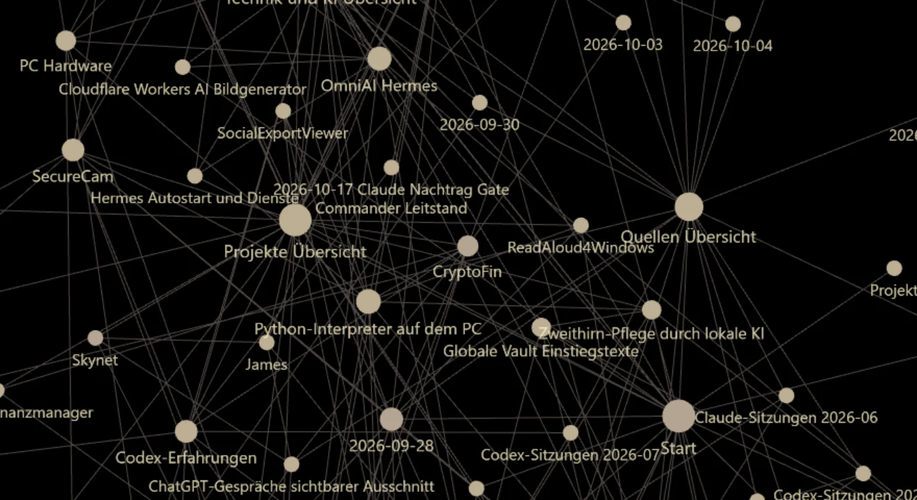 Ausschnitt aus dem Obsidian-Graph mit verknüpften Projekten und Wissensnotizen rund um das Zweithirn.